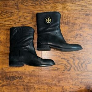 Tory Burch Hallie Mid Shaft Black Leather Boots with Gold Logo Accent Women’s 8